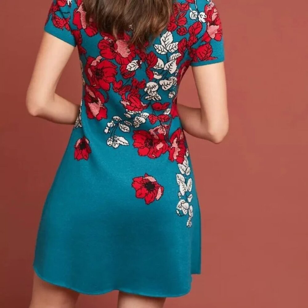 Anthropologie Maeve Allison Teal Floral Knit Sweater Dress Sz Small EUC Holiday - Picture 3 of 8